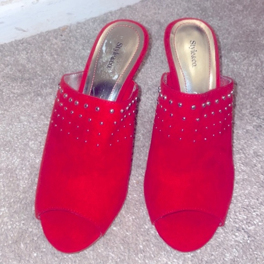 - Style and Co red suede peep toe kitten heels with studs size 7